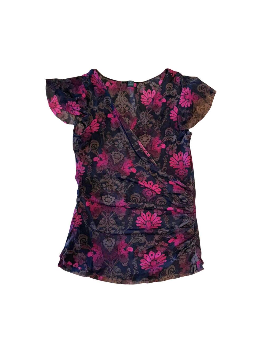 Express Y2K Sheer Mesh Wrap Top Womens M Black Pink Floral Surplice Blouse